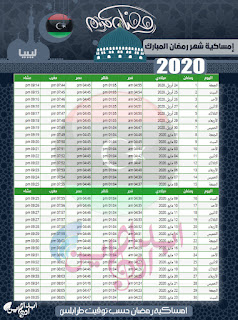 امساكية رمضان 2020 ليبيا - طرابلس - بنغازي وبقية المحافظات والمدن اليبية imsakiyah-ramadan-Libya-Time-1441-2020