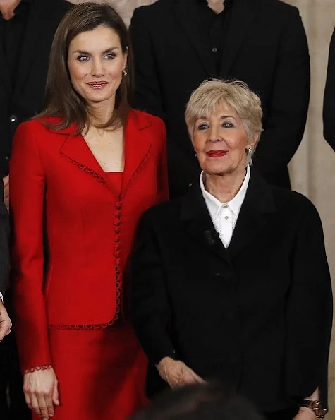 Queen Letizia of Spain attend 'Commemoration Of Cervantes Death' closing ceremony wore Felipe Varela skirtsuit, Carolina Herrera Animal Print Clutch Bag