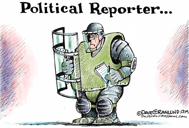 Title:  Poltical Reporter.  Image:  Man carrying notepad dressed in SWAT-like garb.