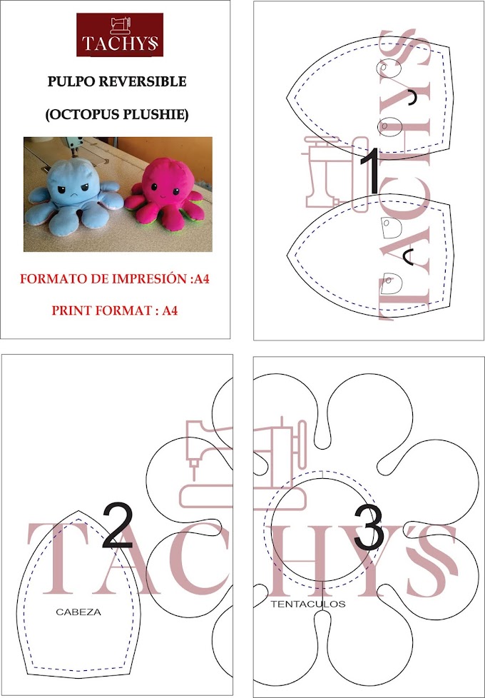 PULPO REVERSIBLE / OCTOPUS PLUSHIE PATRÓN PDF IMPRIMIBLE GRATIS TACHYS
