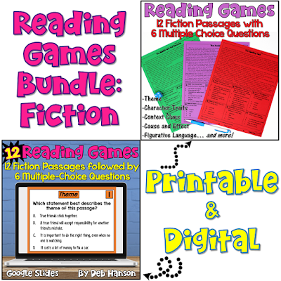 These reading games are perfect for test prep! This set includes 12 fiction passages. After reading each passage, students answer 6 multiple choice questions. Reading skills include theme, character traits, context clues, cause and effect, figurative language, and more!