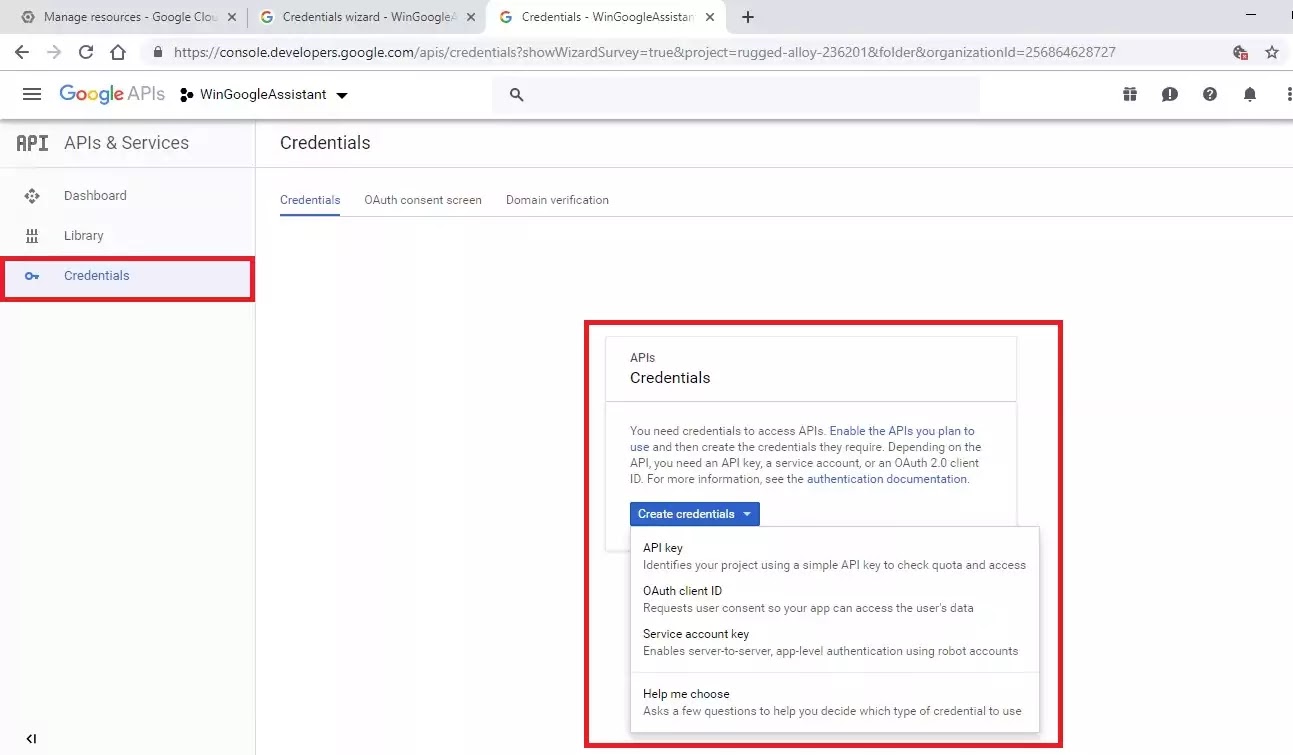 API Credentials, with drop down. Choose