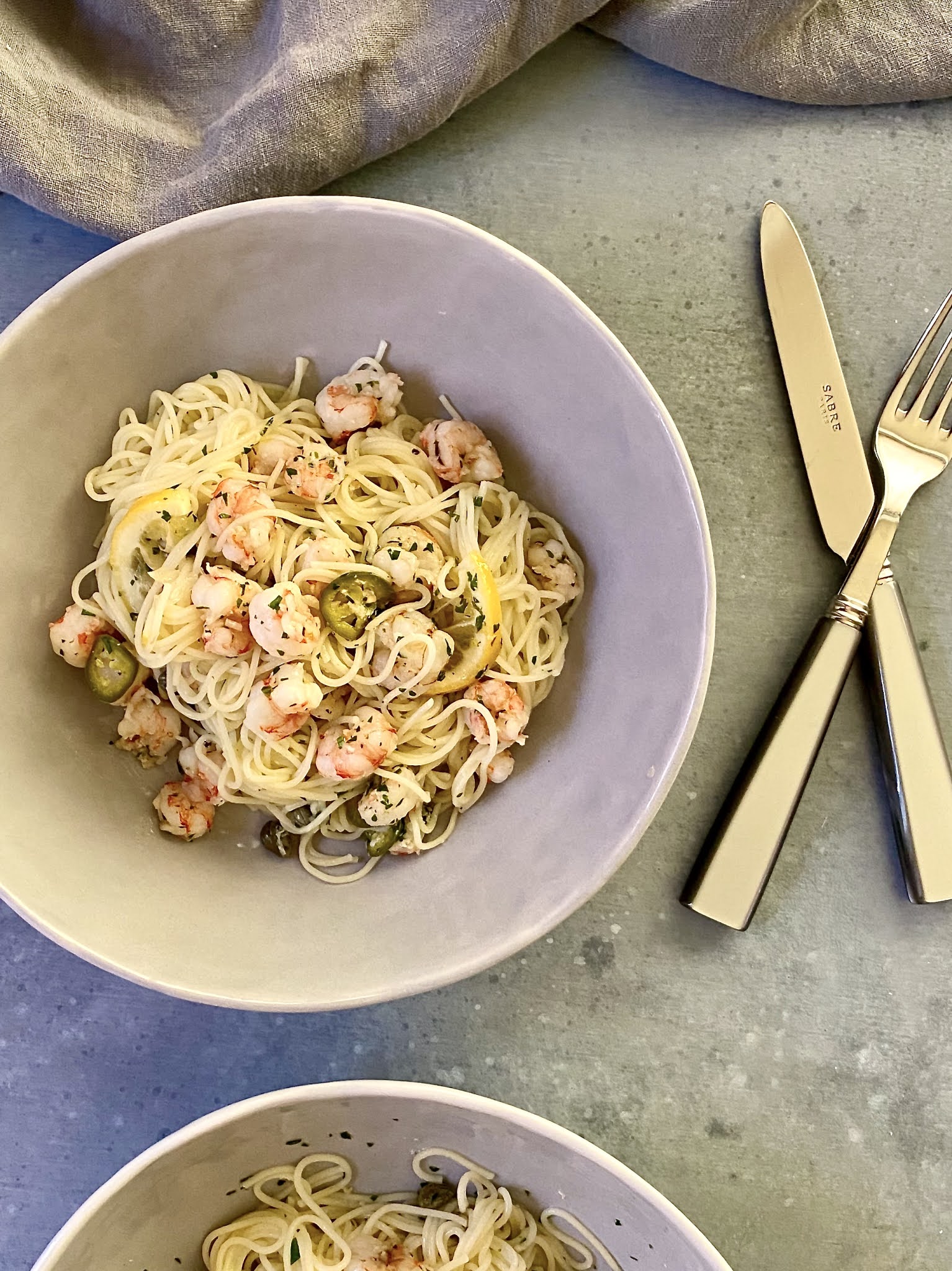 capellini with rock shrimp, lemon, capers and jalape??os