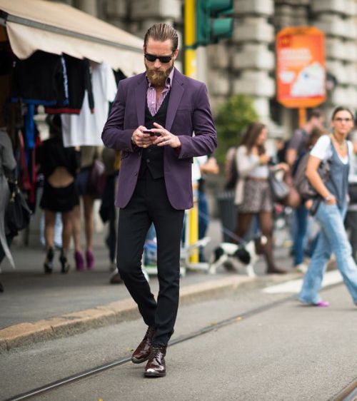 radiant orchid jacket and shirt with black pants and vest