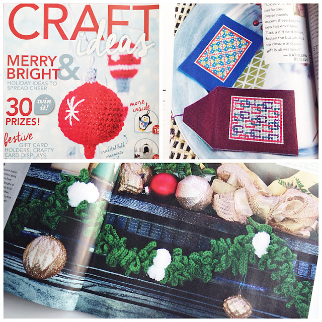 cross-stitch gift envelopes, crocheted mistletoe garland scarf in Craft Ideas magazine