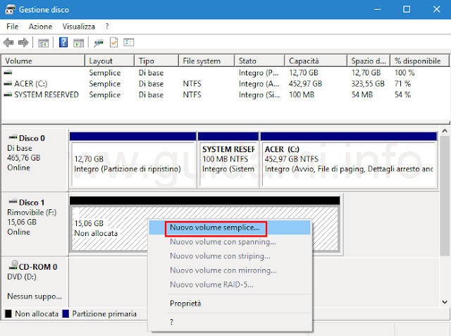 Windows Gestione disco Nuovo volume semplice