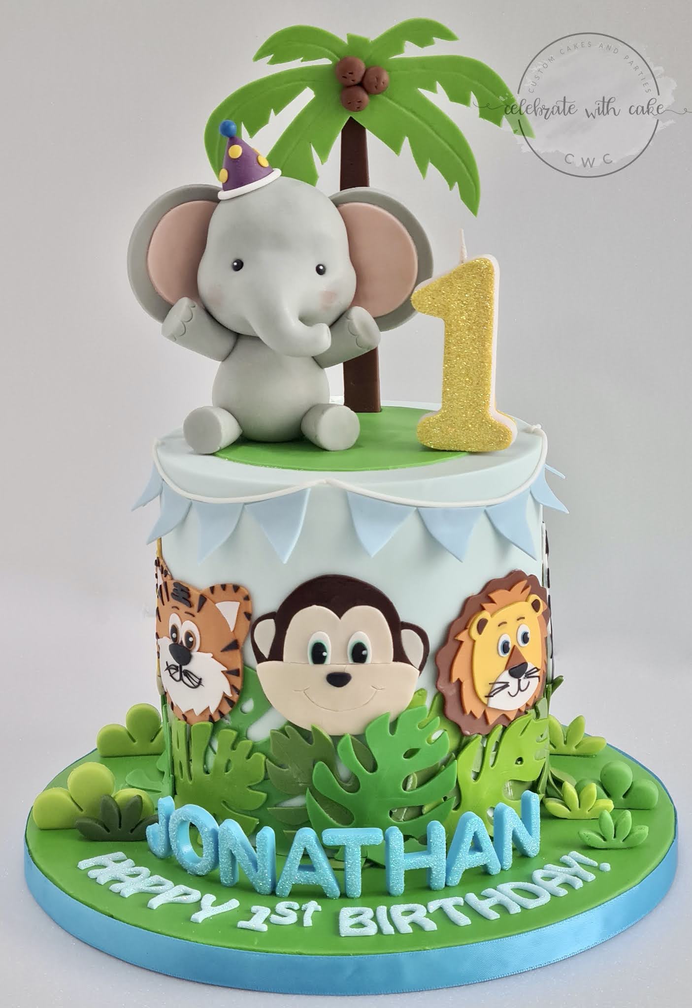 Safari themed 1st birthday featuring Elephant single tier Cake Safari themed 1st birthday featuring Elephant single tier Cake