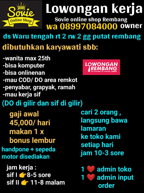 Lowongan Kerja Pegawai Sovie Online Shop Rembang Tanpa Syarat Pendidikan Lowongan Rembang