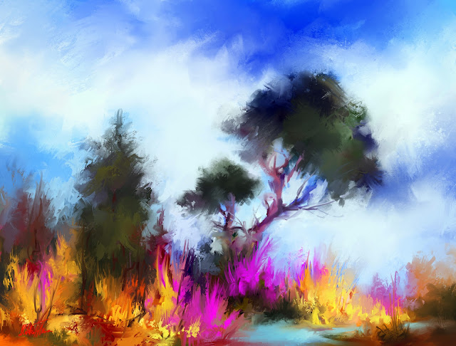 Three friends digital colorful landscape painting by Mikko Tyllinen