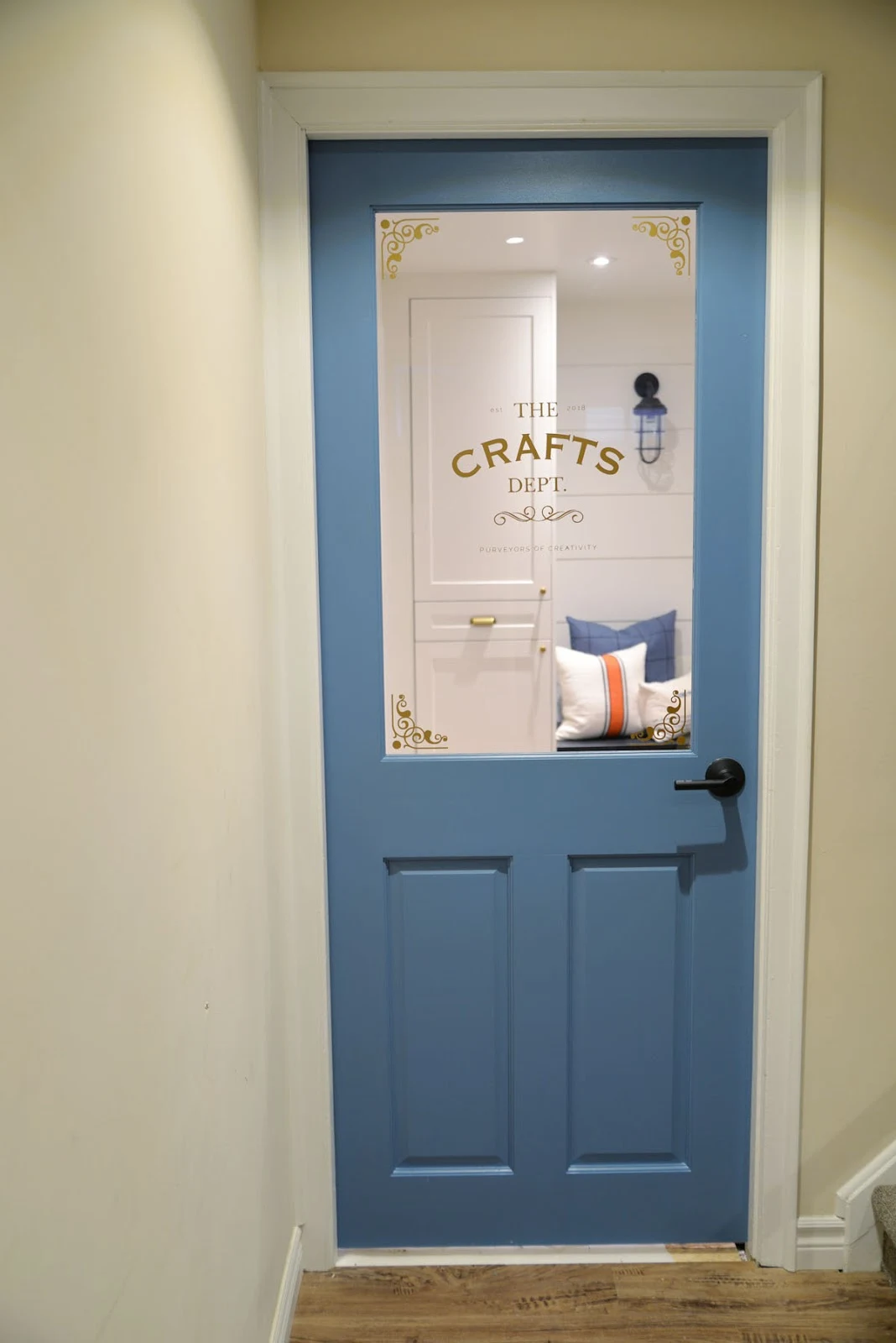 craft room door | behr blue moon bay | schlage broadway lever | metrie true craft door