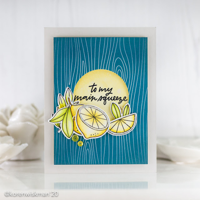 My favorite things, yellow lemons, blue woodgrain, sequins, gray cardstock, stamping, die cutting, adhesive, handmade card, greeting card, mftstamps, to my main squeeze, white background, glitter rim