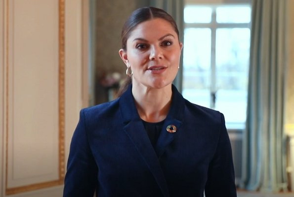 Princess Victoria wore a navy-blue suit by Dagmar. House of Dagmar Tuva cord blazer. Professor Claire Kremen