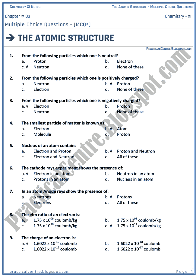 The Atomic Structure - MCQs - Chemistry XI