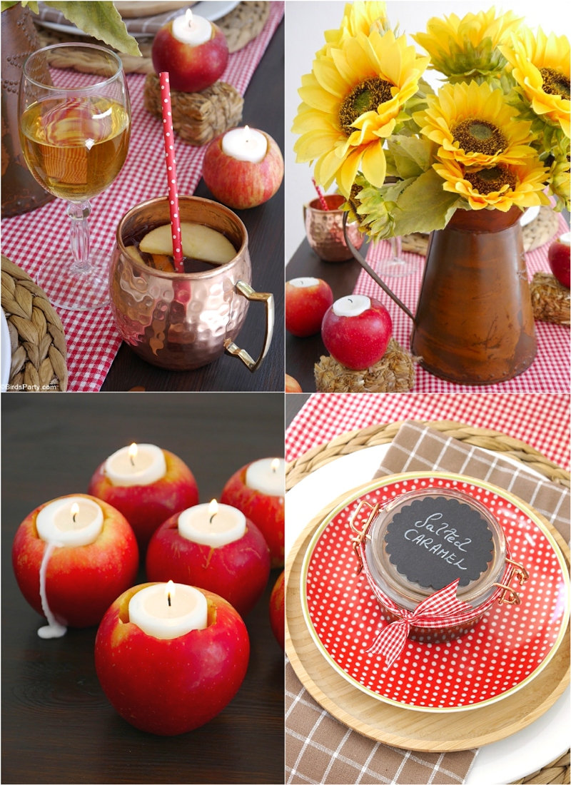 A Farmhouse Inspired Apple Harvest Tablescape - creative, easy ideas and DIY projects to style a pretty table for fall celebrations or a special dinner party! by BirdsParty.com @birdsparty #tablescape #tabledecor #falltablescape #fallpartyideas #applepartyideas #appleharvest #appletablescape #farmhousedecor #farmhousetablescape #thanksgivingtablescape #appletable