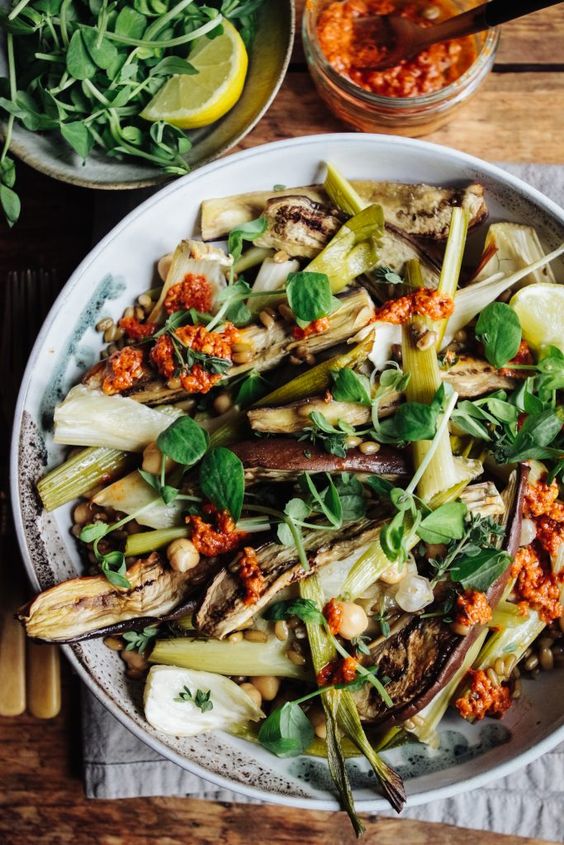 Roast Fennel, Aubergine with Freekah, Chickpeas and Harissa Dressing Awesome Recipe Ideas