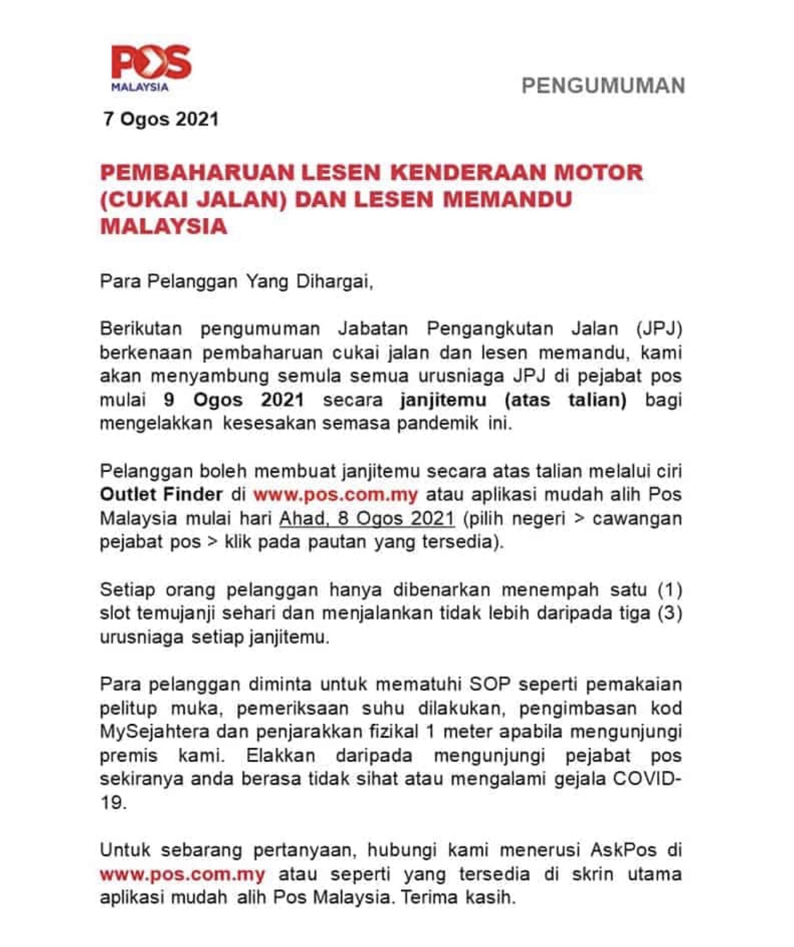 Renew road tax pejabat pos 2021