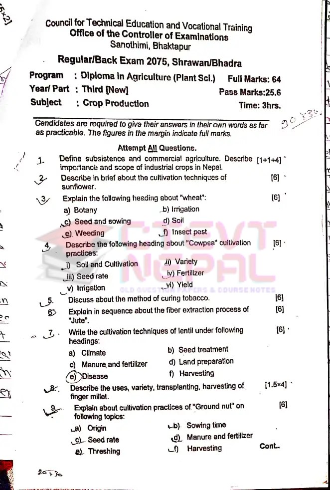 Crop Production 3rd Year Question Papers CTEVT Diploma in
