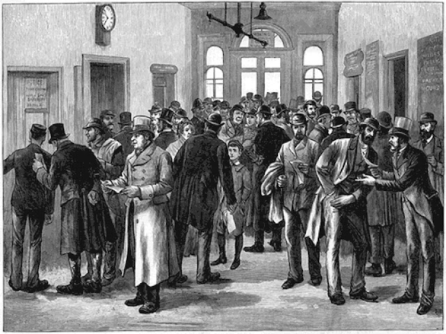 Кэбмены, кондукторы и кучера омнибусов получают лицензии в Скотланд-Ярде "The Illustrated London News", 1886