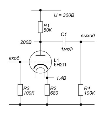 Резистивный каскад на лампе 6Н2П