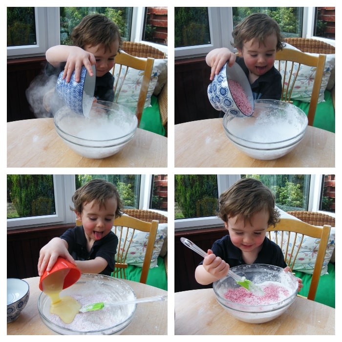 Making Coconut Ice - Step 4 - pink mixture mixed in same way