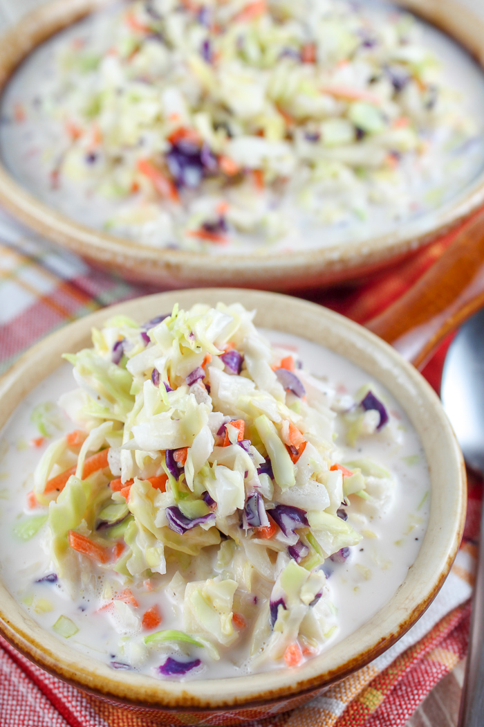 KFC Coleslaw has always been my favorite restaurant side dish! It's got a creamy dressing that is a little sweet and very simple. With spring here, I have been craving coleslaw and made this simple copycat KFC Coleslaw recipe in minutes!