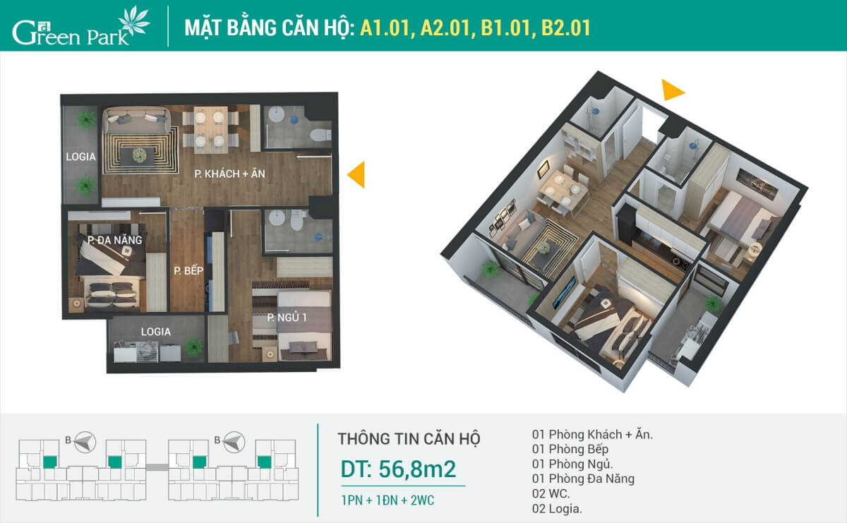 Mặt bằng căn hộ số 1 (56.8m2) 2PN Phương Đông Green Park