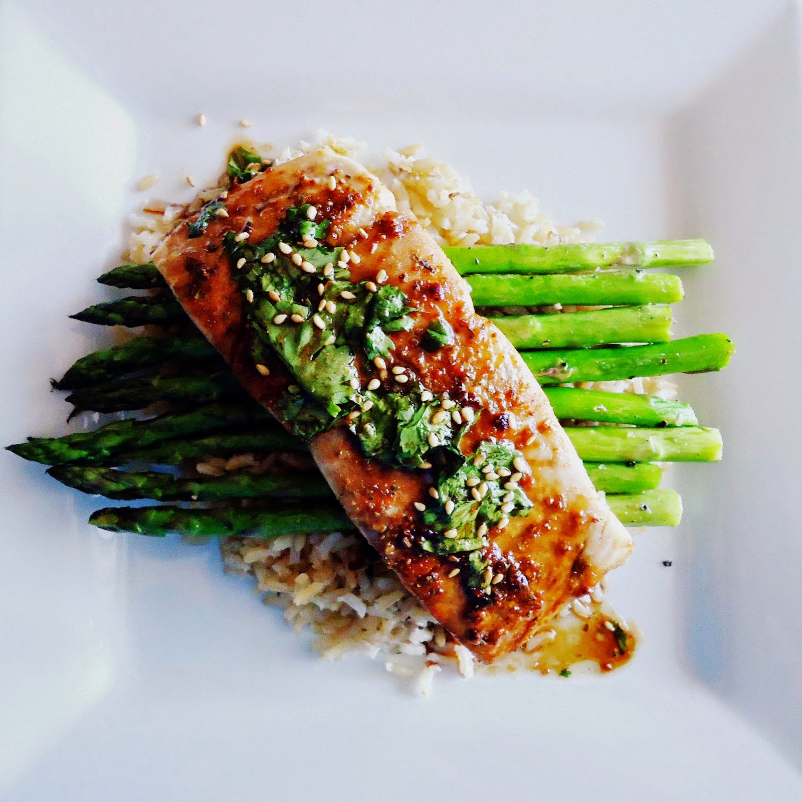 Foodie & Fabulous Asian Glazed Sesame Salmon with Asparagus and Brown Rice