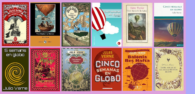 portadas de la novela de aventuras Cinco semanas en globo, de Julio Verne