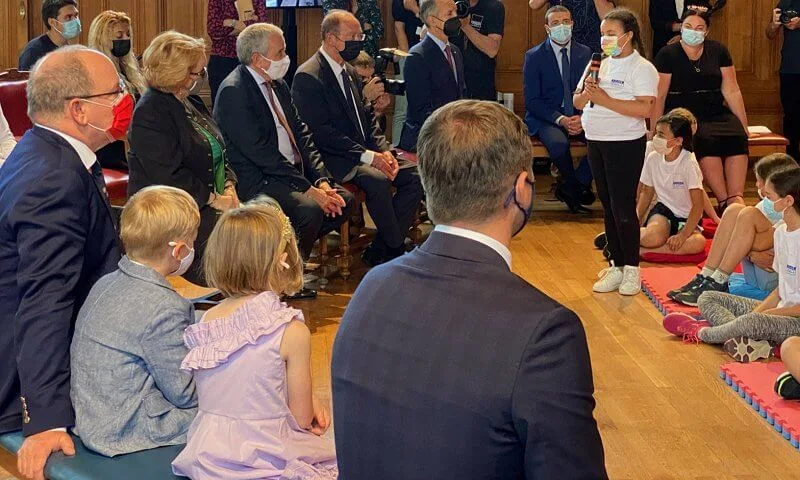 Princess Gabriella wore a purple one-shoulder ruffle cotton dress from Monnalisa. Prince Albert and Prince Jacques