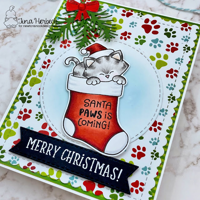 Santa Paws is Coming Card by Tina Herbeck | Newton’s Stocking Stamp Set, Meowy Christmas Paper Pad, Pines & Holly Die Set, Frames & Flags Die Set and Banner Trio Die Set by Newton’s Nook Designs #newtonsnook