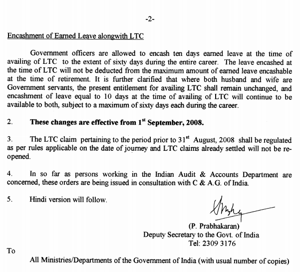 Encashment Of Earned Leave Alongwith Ltc Dopt Orders On 23 9 2008