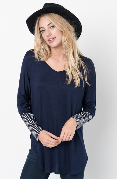 Buy Now Navy V-Neck Striped Panel Sleeve Tunic Online - $34 -@caralase.com