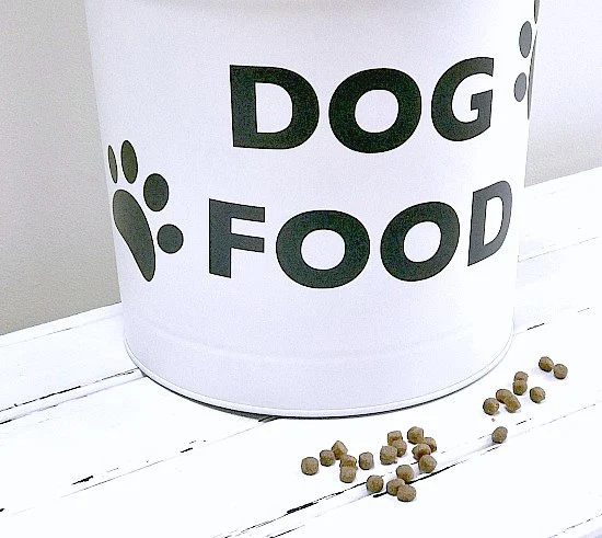 Recycled Dry Dog Food Container storage with vinyl paw prints