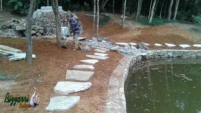 Bizzarri fazendo o acerto de terra no muro de pedra em volta do lago onde vamos fazer a execução do caminho de pedra com cacão de São Tomé e a execução do paisagismo. 20 de fevereiro de 2017.