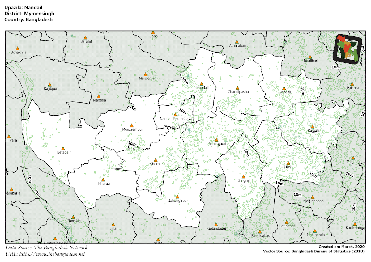 Nandail Upazila Elevation Map Mymensingh District Bangladesh