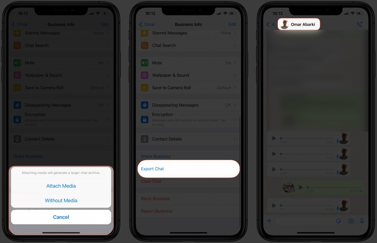 اضغط على اسم جهات الاتصال ثم اضغط على تصدير الدردشة في Whatsapp اضغط على اسم جهات الاتصال ثم اضغط على تصدير الدردشة في Whatsapp