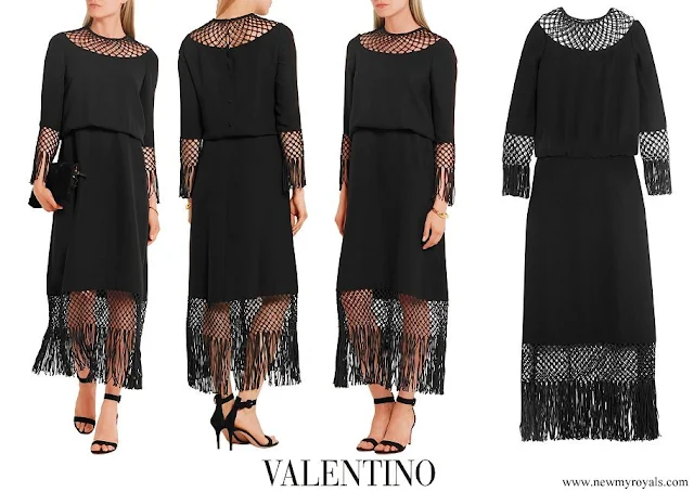 Queen Maxima wore a fringed macramé-paneled silk-crepe midi dress by Valentino