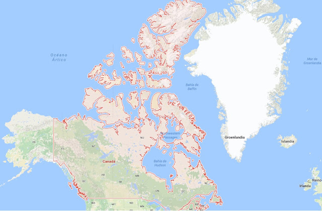 Canadá posee mayor cantidad de agua en sus costas. Canadá es rodeada con mayor cantidad de agua.