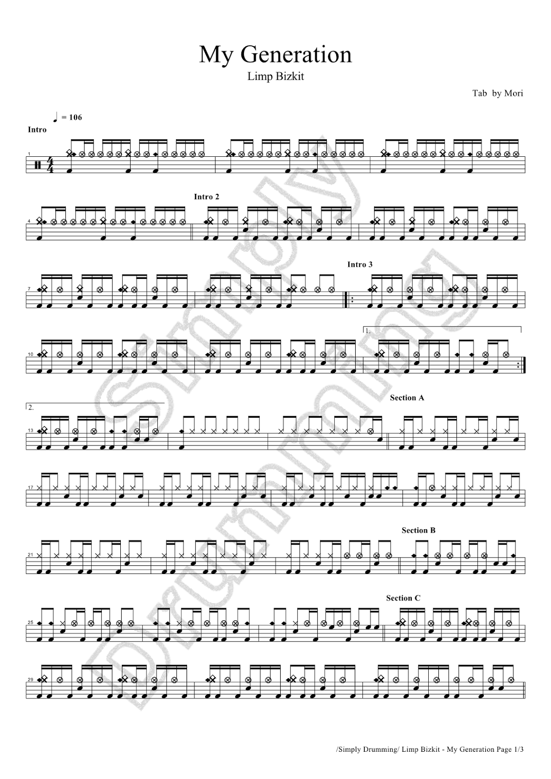 鼓手森 Simply Drumming Limp Bizkit My Generation drum sheet