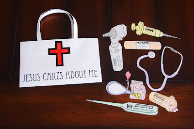 Jesus cares about me doctor's bag and tools coloring worksheet