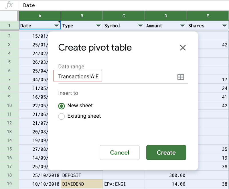 Create a pivot table in Google Sheets to manage stock investment portfolio