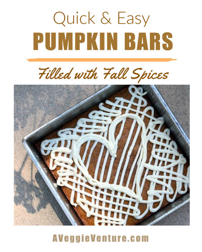 Pumpkin Bars ♥ AVeggieVenture.com, quick & easy, filled with fall spices. Pumpkin Bars ♥ AVeggieVenture.com, quick & easy, filled with fall spices.