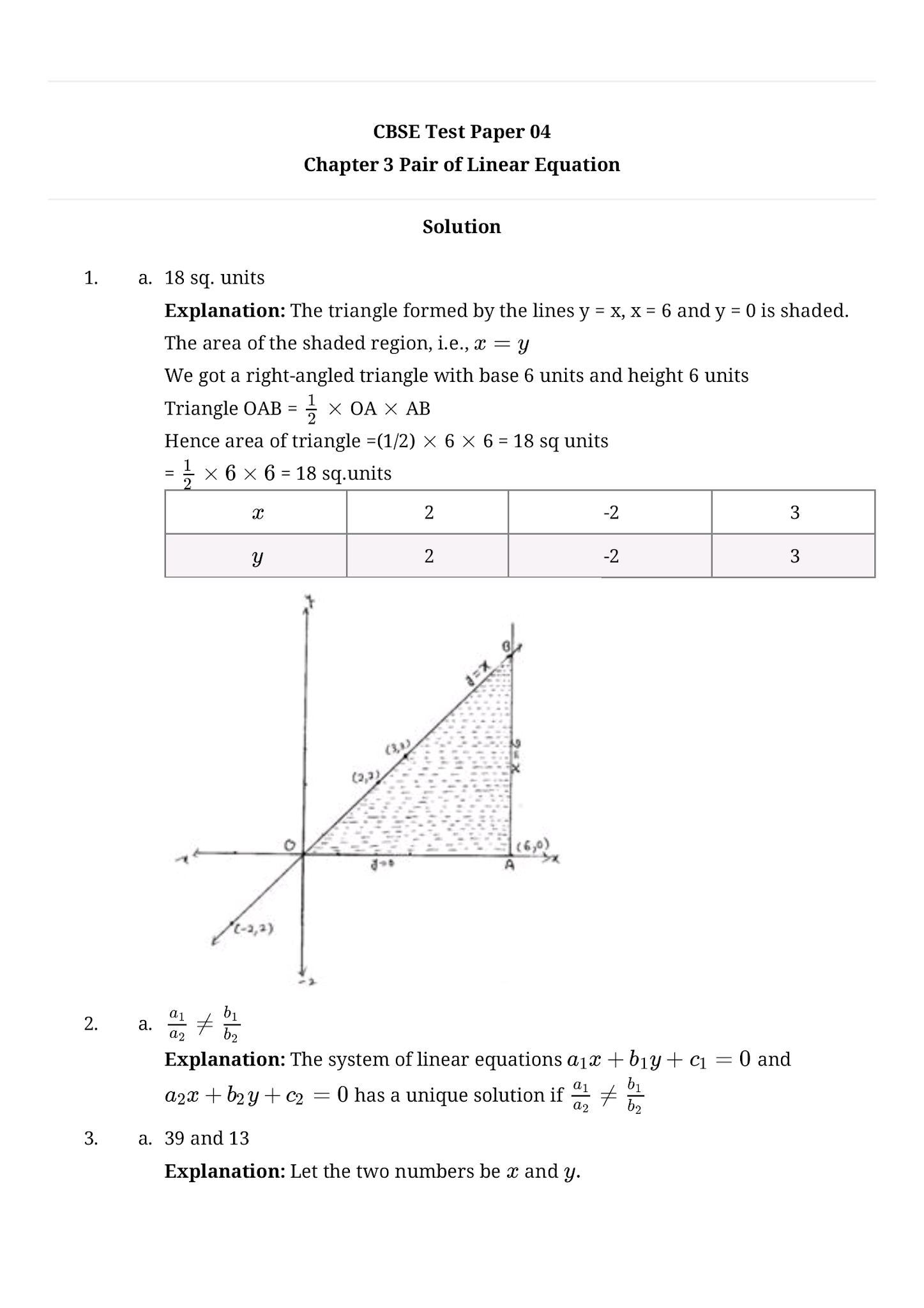 Pair of Linear Equations Test Paper 4 with Solutions