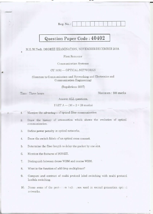 Anna University CU 5192 — Optical Networks November/December 2018