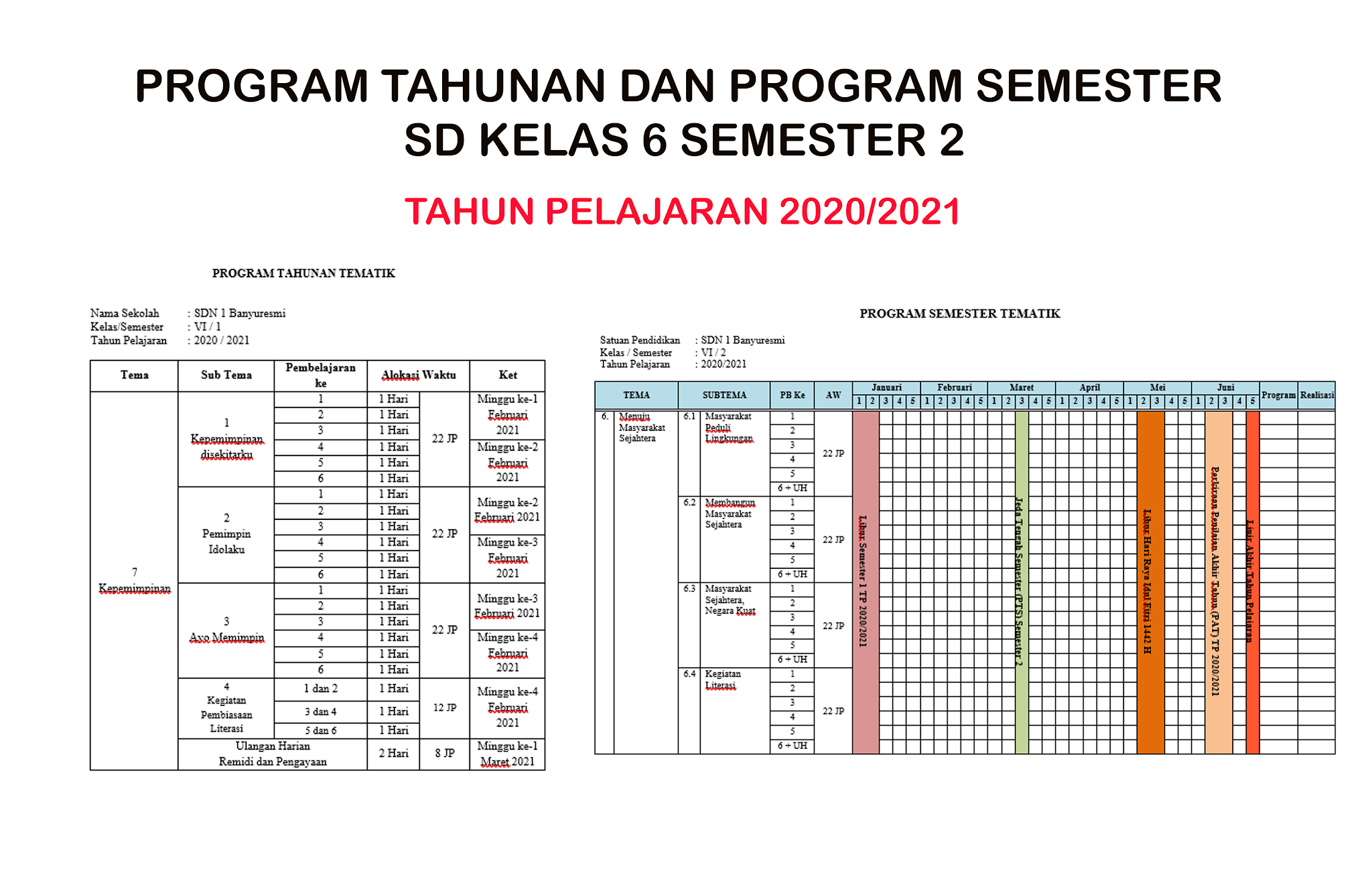 Prota dan Promes Semester 2 SD Kelas 6 K 13 TP 2020/2021 Portal