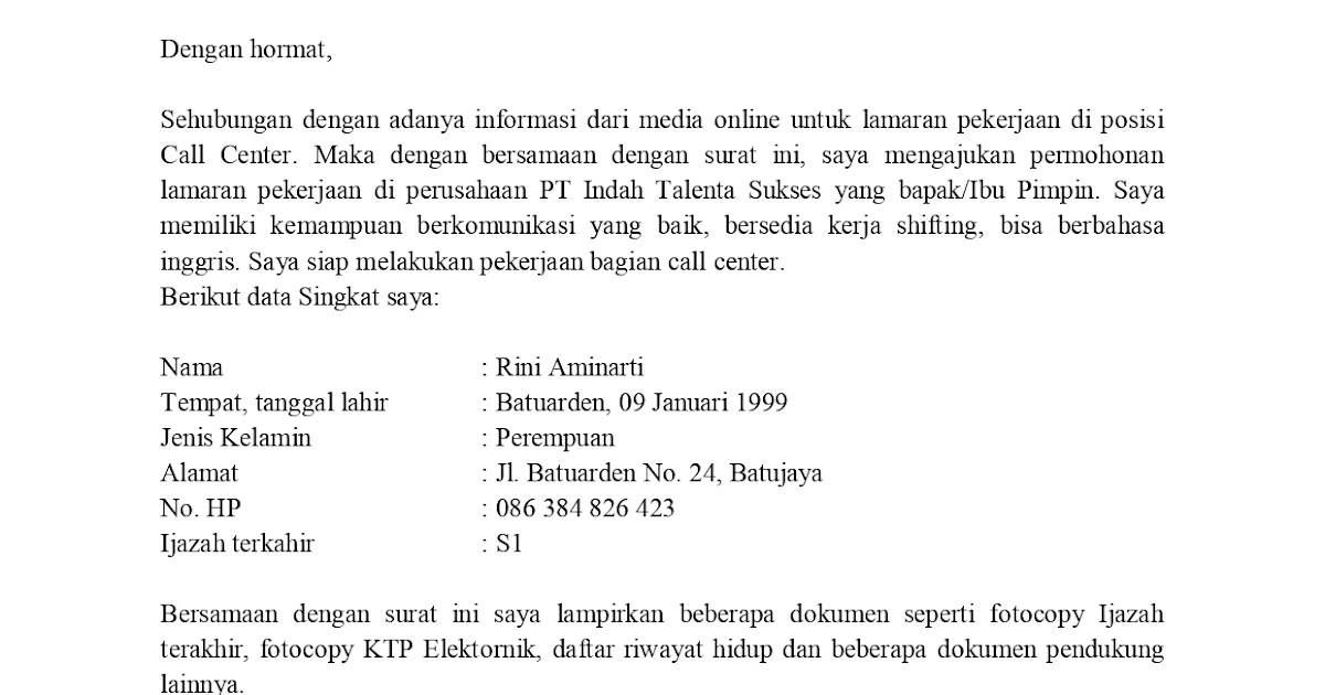 8 Contoh Surat Lamaran Kerja Untuk Call Center 8000 8 Contoh Surat Lamaran Kerja Untuk Call Center 8000