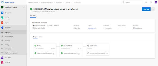 Screenshot of the summary of successfull run of an Azure Pipeline showing the 3 stages: Build, Development and Production.