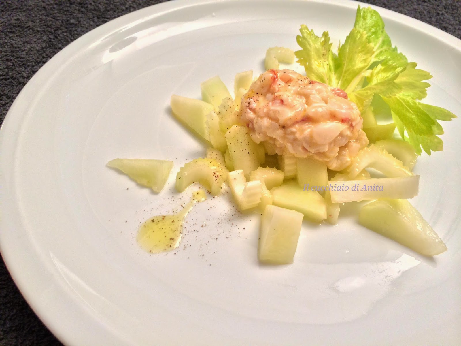 tartare di gamberoni alla senape di dijon e melone bianco