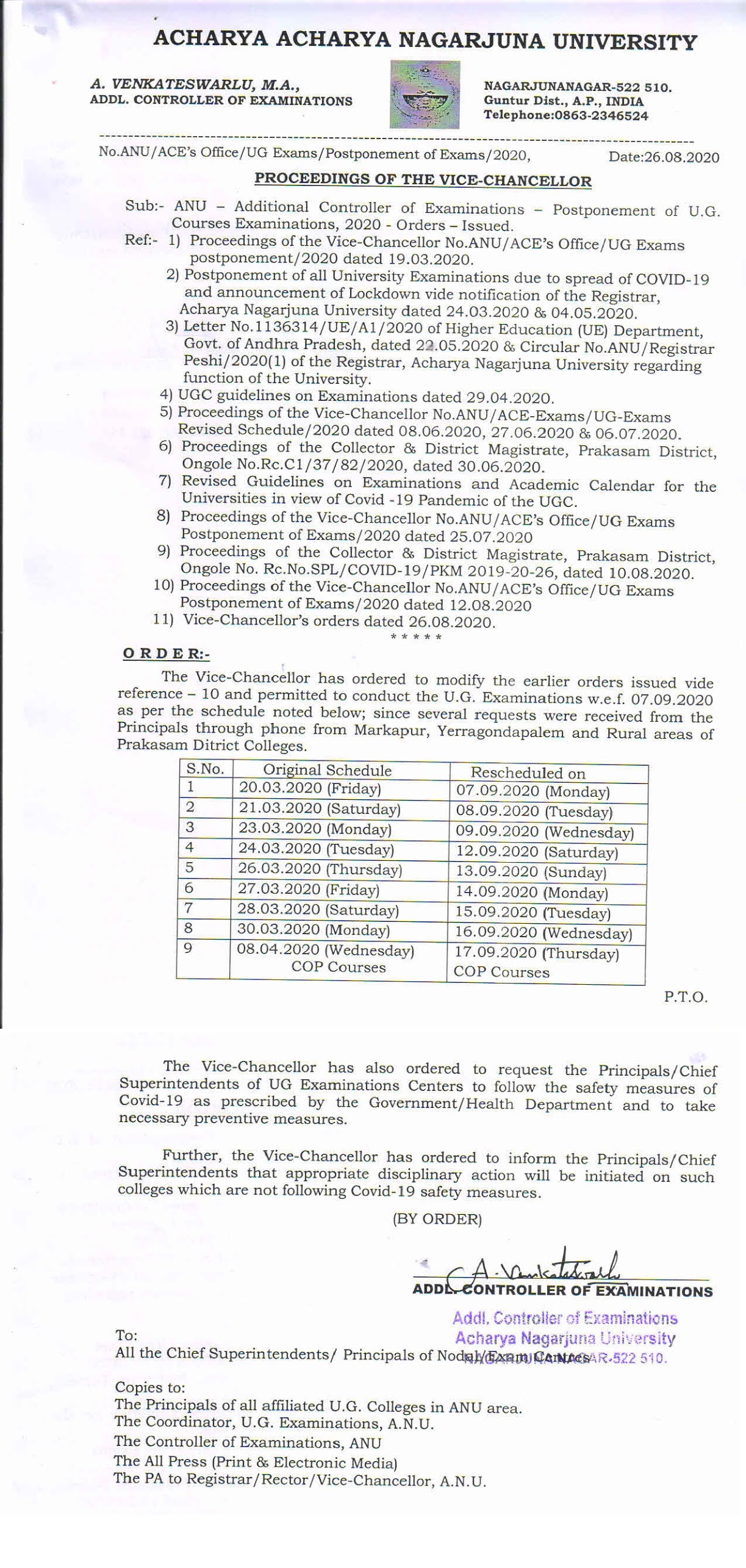 Acharya Nagarjuna University All UG Courses Sep 2020 Exam Revised Time Table