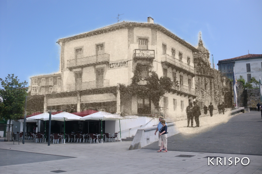 montaje de foto antigua y actual del edificio del batzoki de Hondarribia